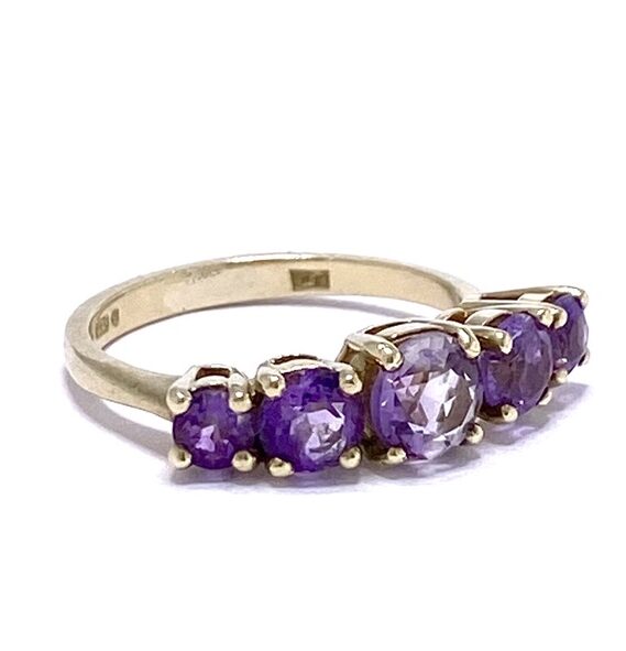 5-Stone Amethyst Half Eternity Ring in 9ct shank, the basket holds five beautiful brilliant cut purple Amethysts set by 4-rounded claws.