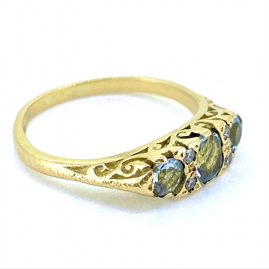 3 Stone Aquamarine and Diamond Carved Half Hoop Ring