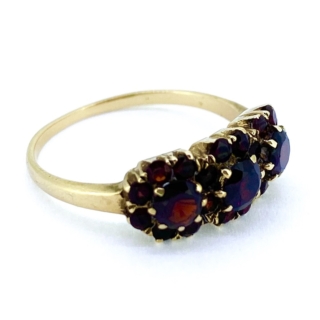 Triple Cluster Garnet Gold Ring, stamped 9ct. This quirky cluster ring, has deep mesmerising red Garnets all claw set. The triple cluster is a very unusual design that makes this ring extra special.