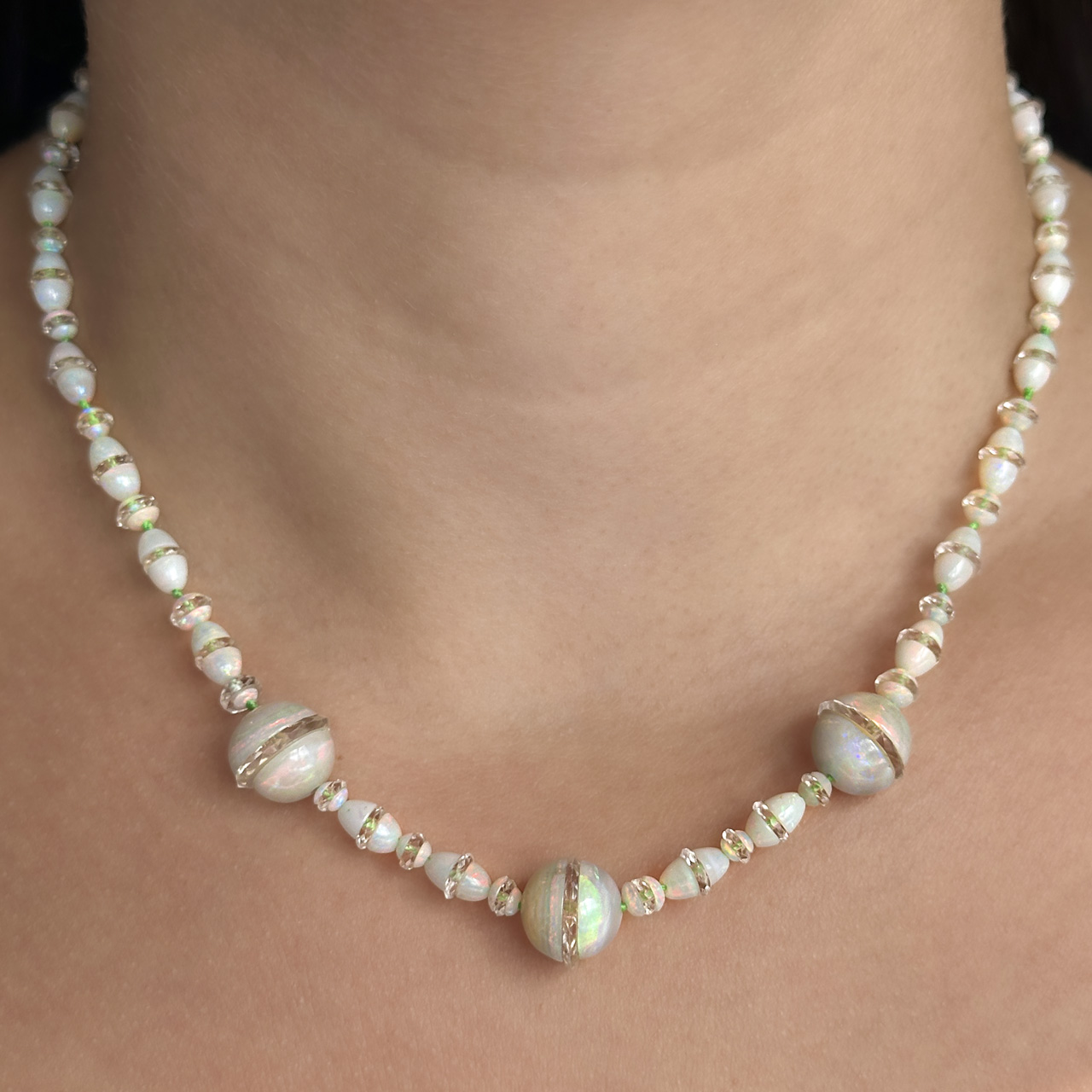 1920's Opal Bead Necklace With Diamond Clasp on neck