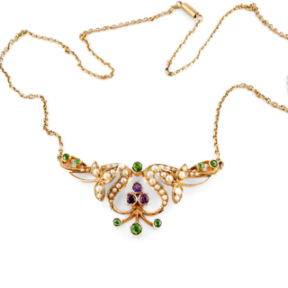 Edwardian Gold Demantoid Amethyst & Pearl Necklace