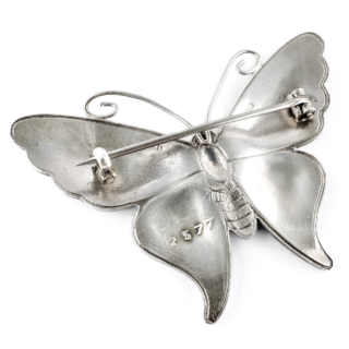 1918 Blue Enamel Butterfly Brooch back view in silver