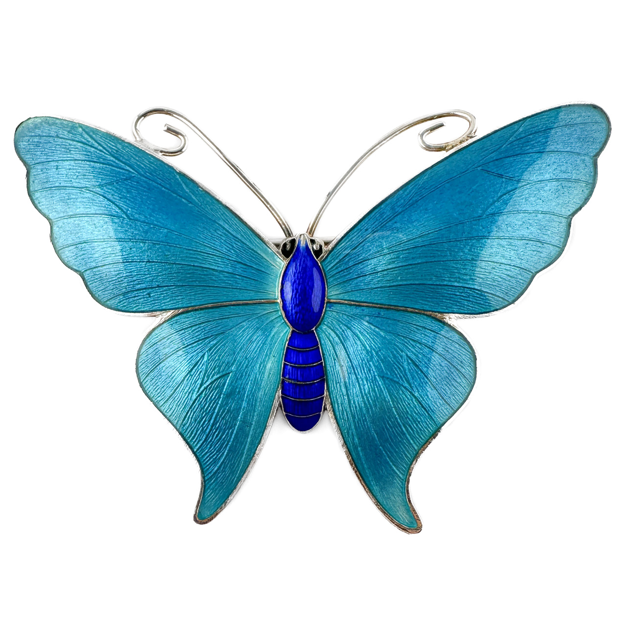 1918 Blue Enamel Butterfly Brooch front view in silver
