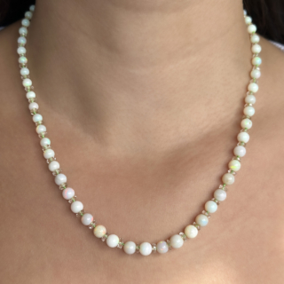 Antique 19" Graduated Opal Bead Necklace on neck