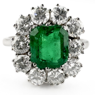 vintage emerald & diamond cluster ring in plat front view