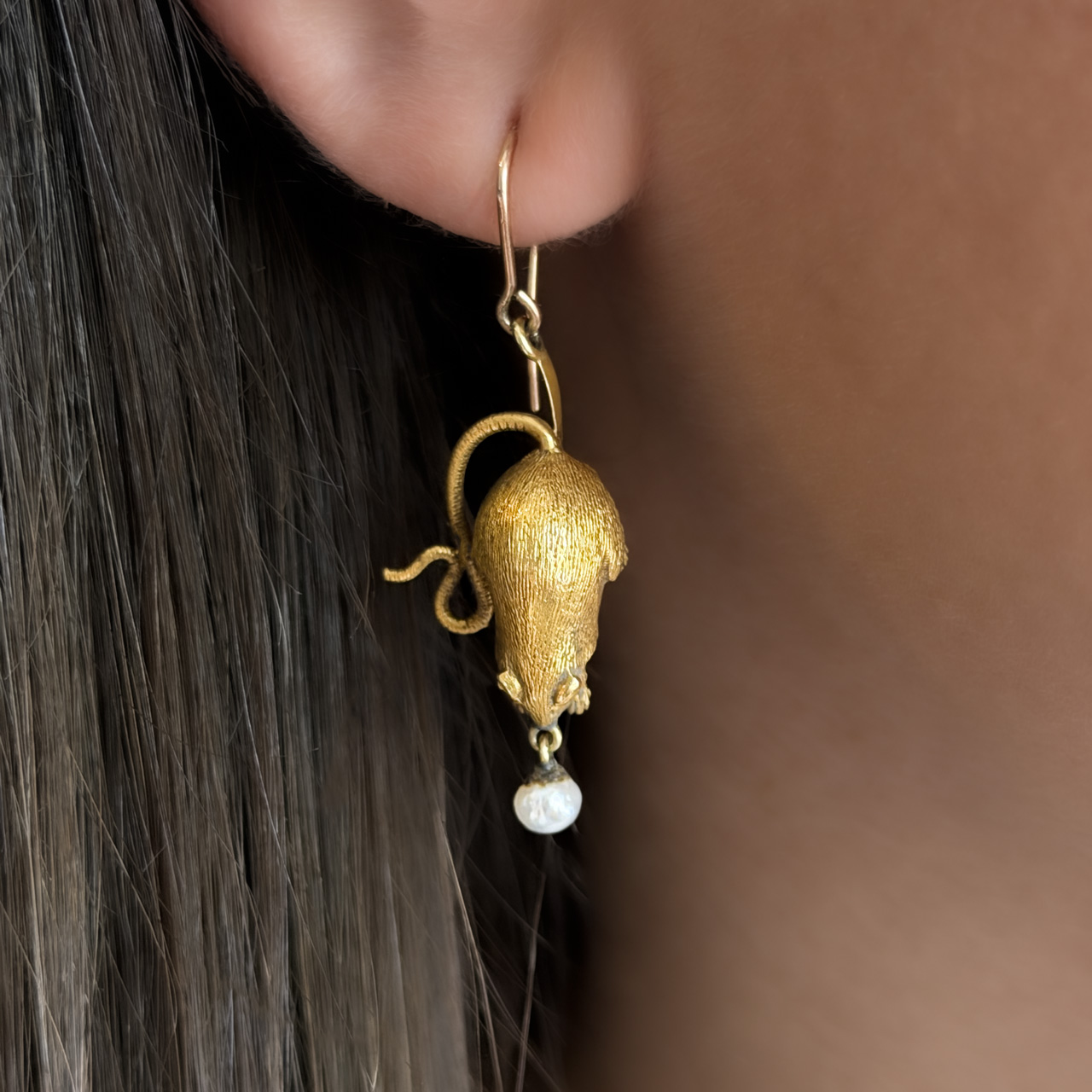 Victorian Thornhill & Co mouse with pearl drop earrings 15ct gold on ear