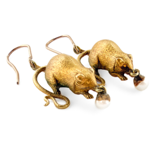 Victorian Thornhill & Co mouse with pearl drop earrings 15ct gold earrings front