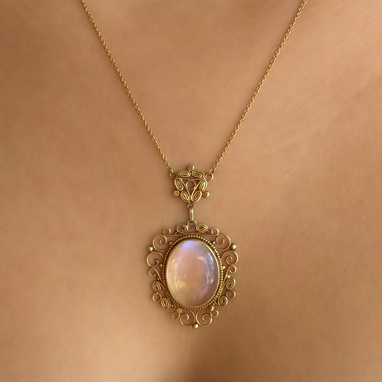 Edwardian Moonstone Pendant Necklace 15ct gold on neck
