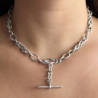 victorian 1897 knot & reef link silver Albert chain on neck