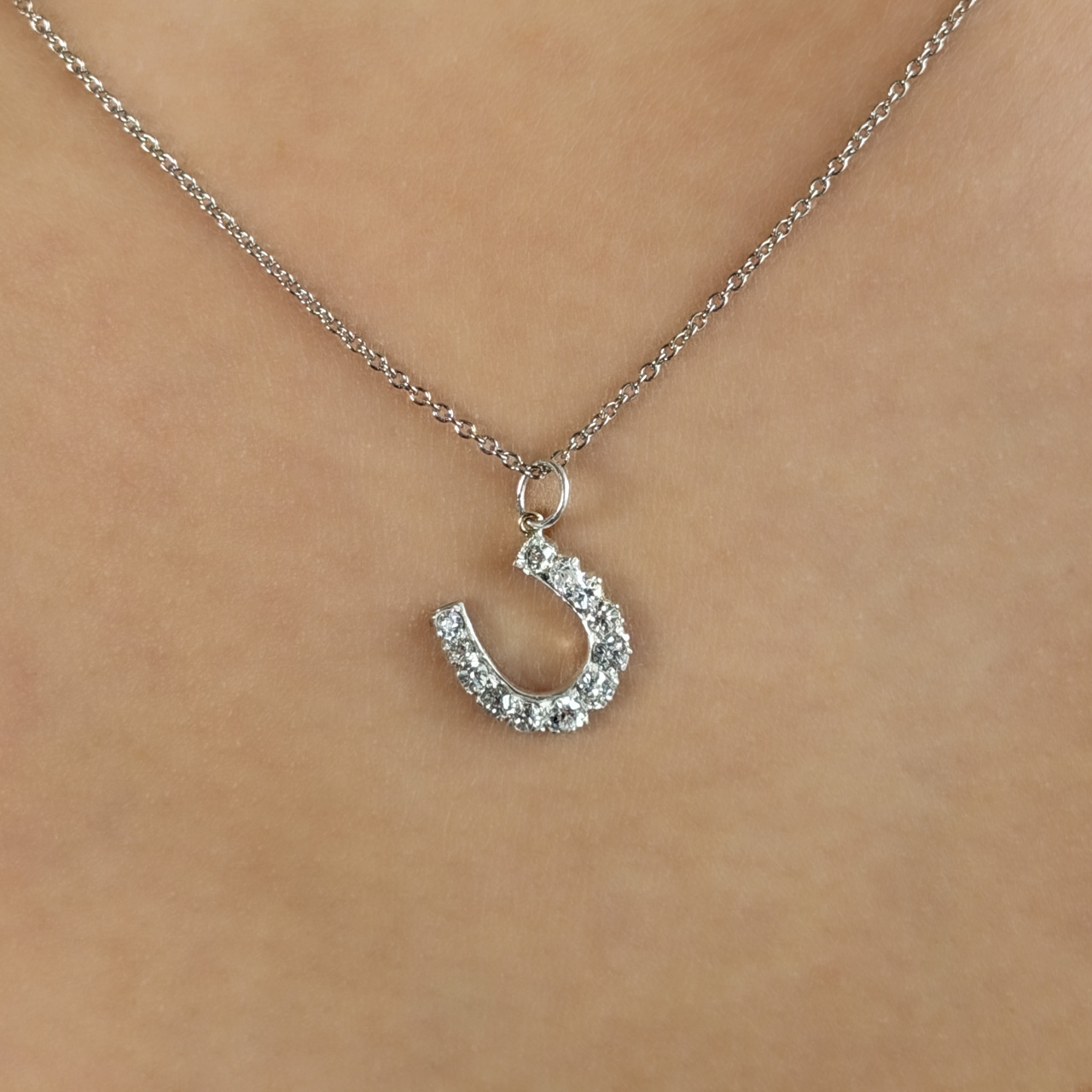 Edwardian Diamond Horseshoe Pendant on neck