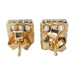 vintage baguette & round diamond square stud earrings 18ct gold back view