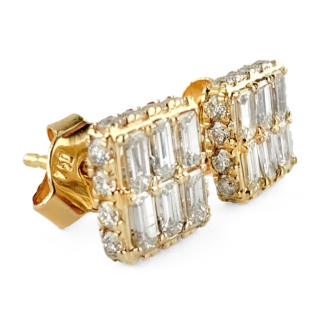 vintage baguette & round diamond square stud earrings 18ct gold side view