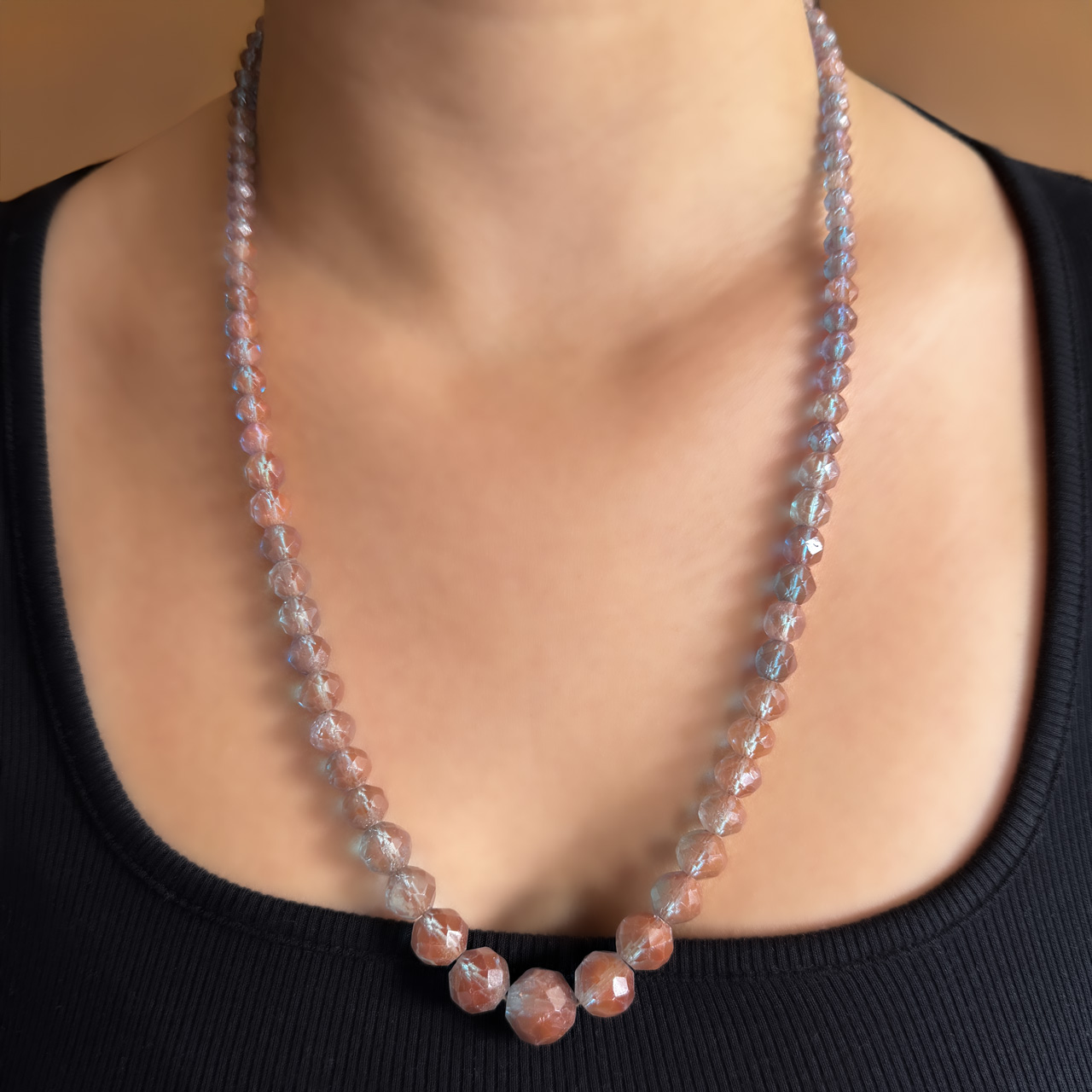 Antique Saphiret Graduated Bead Necklace on neck