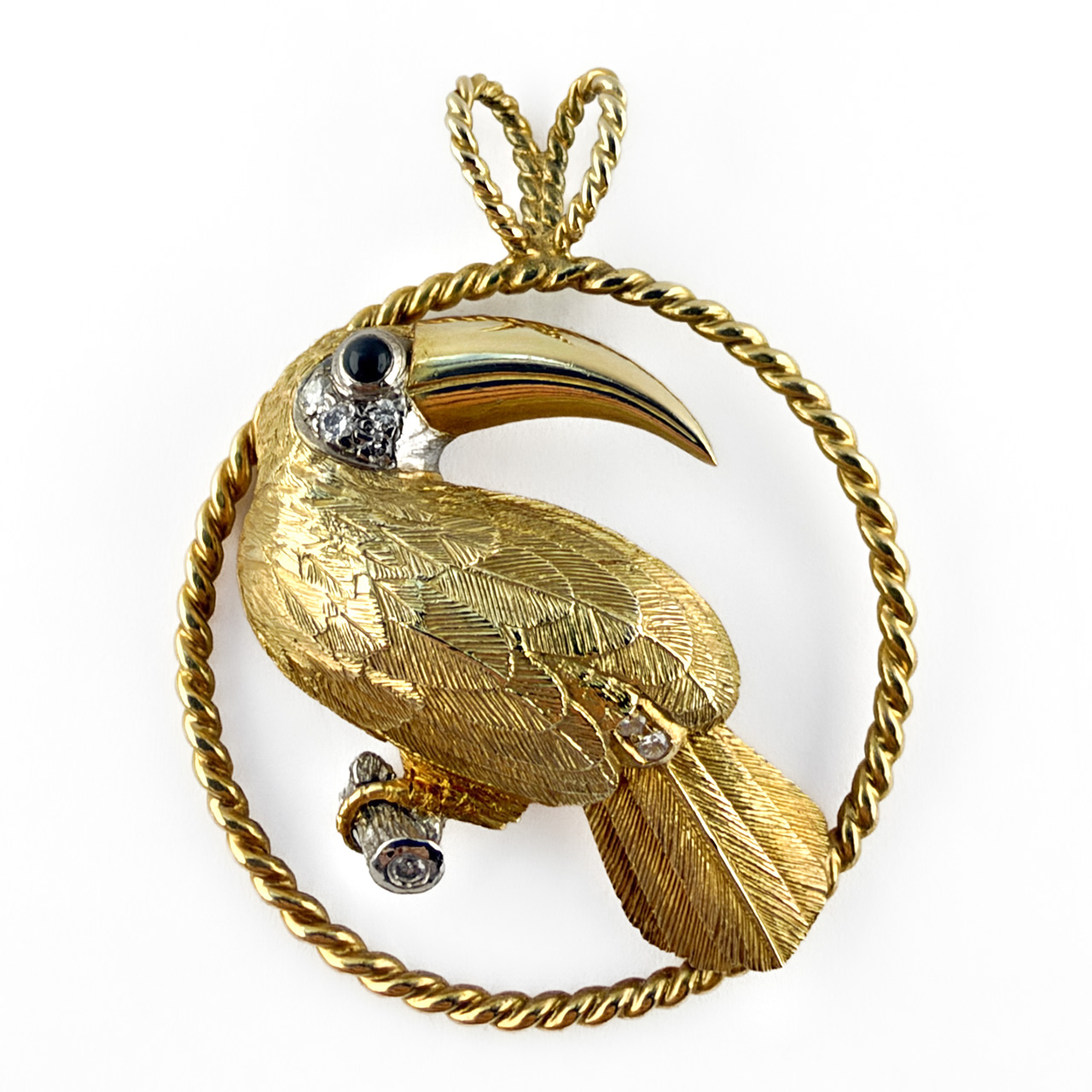 E. Wolfe & Co. Diamond and Sapphire Toucan Pendant front view 18ct gold