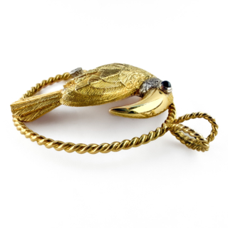 E. Wolfe & Co. Diamond and Sapphire Toucan Pendant 18ct gold side view