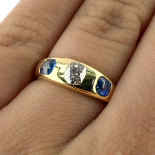 Late Victorian Sapphire & Diamond 3 Stone Gypsy Ring 18ct gold on hand