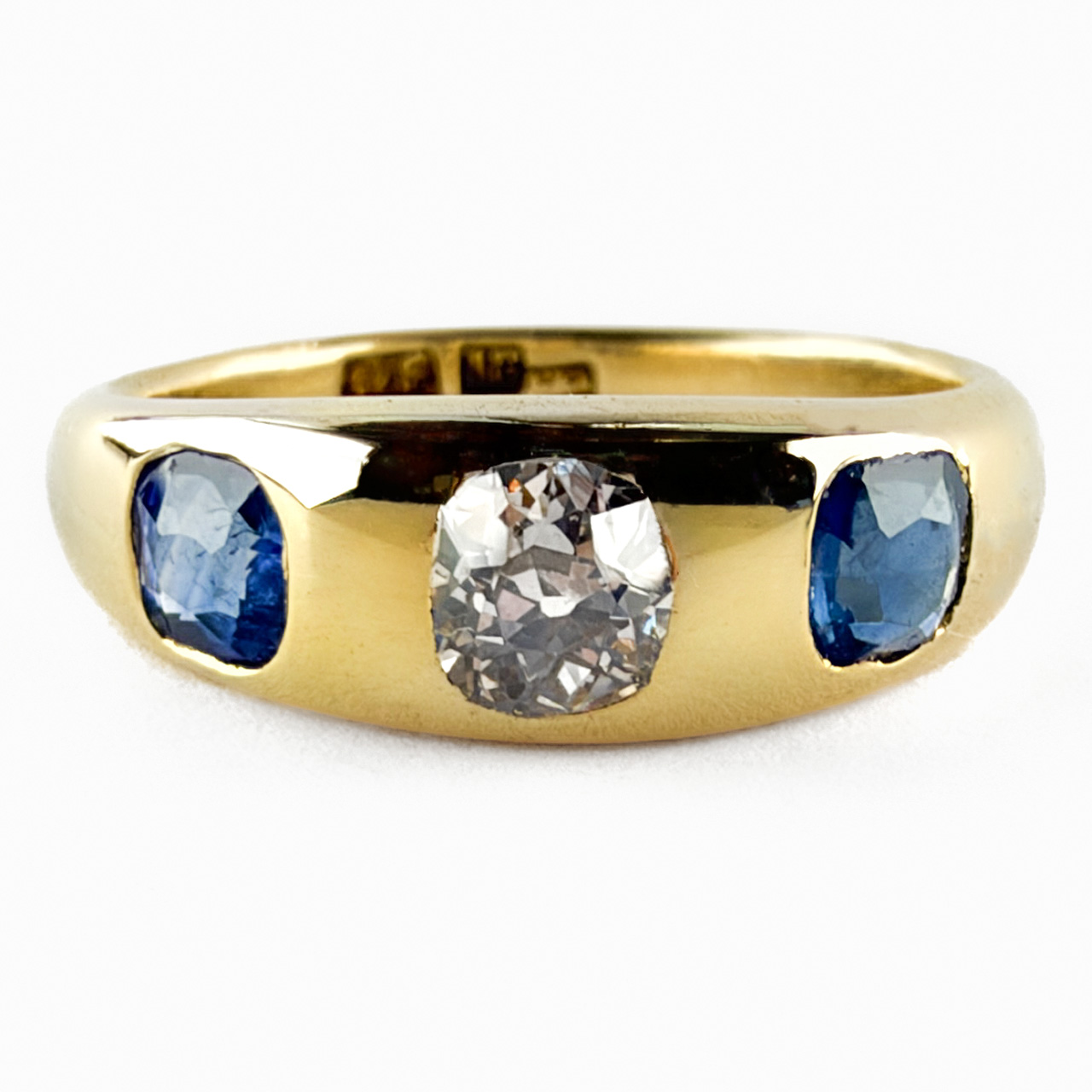 Late Victorian Sapphire & Diamond 3 Stone Gypsy Ring 18ct gold