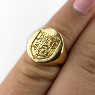 Victorian Heraldic Crest Intaglio Signet Ring 18ct gold on finger
