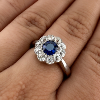 Edwardian Ceylon Sapphire & Diamond Cluster Ring 18ct white gold on hand