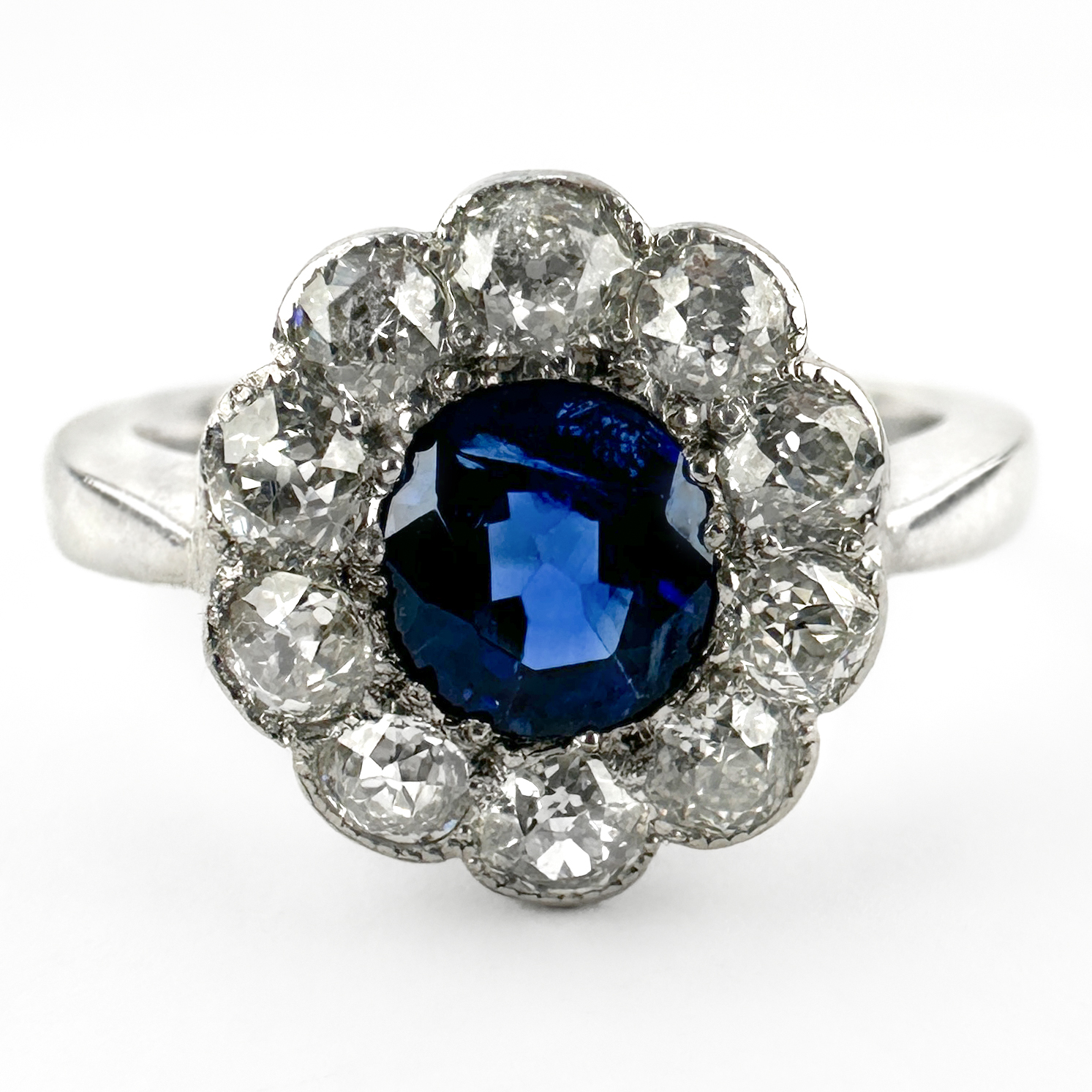 Edwardian Ceylon Sapphire & Diamond Cluster Ring 18ct white gold view of front