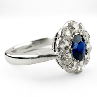 Edwardian Ceylon Sapphire & Diamond Cluster Ring 18ct white gold view of side