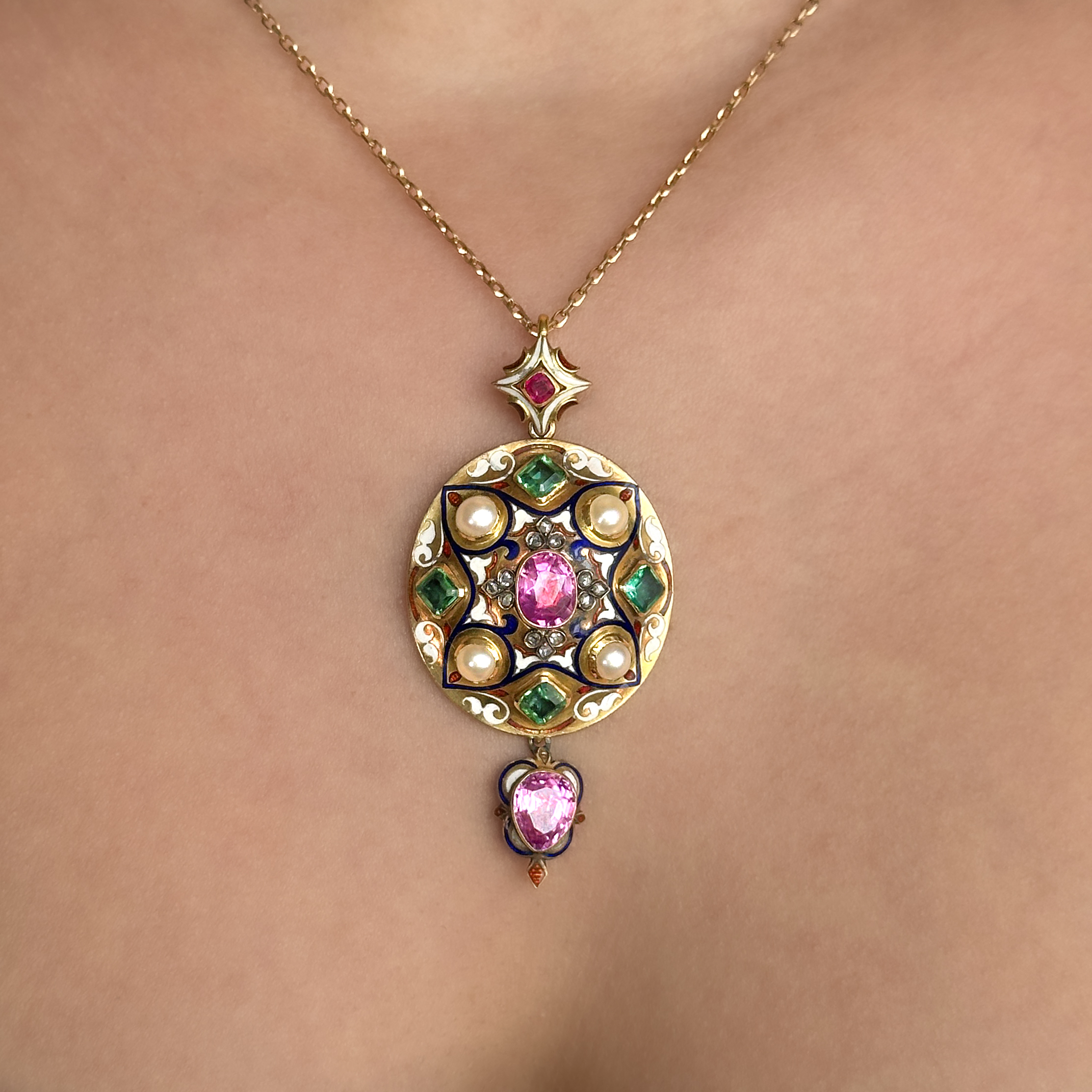 Victorian Holbeinesque Multi-Gem Pendant 15ct gold on neck