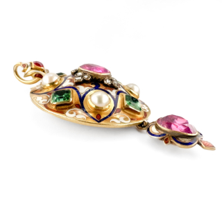 Victorian Holbeinesque Multi-Gem Pendant 15ct gold view from side