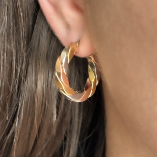 Tri-Colour Gold Twist Hoop Earrings 9ct Gold On The Ear