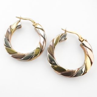 Tri-Colour Gold Twist Hoop Earrings 9ct Gold Front View