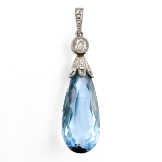 Aquamarine & Diamond Drop Pendant With Chain plat and white gold view from front