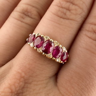 Edwardian 5 Stone Burma Ruby Ring 18ct gold view on hand