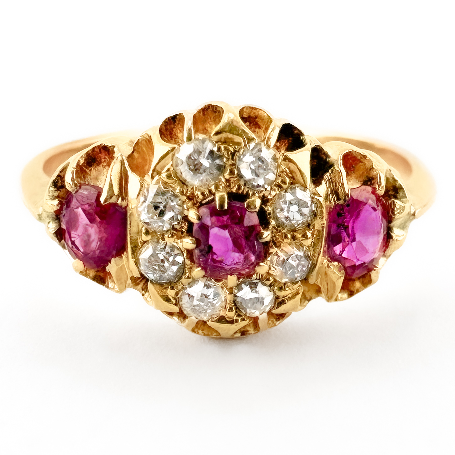 Edwardian Ruby & Diamond Cluster Ring 9ct gold view from front