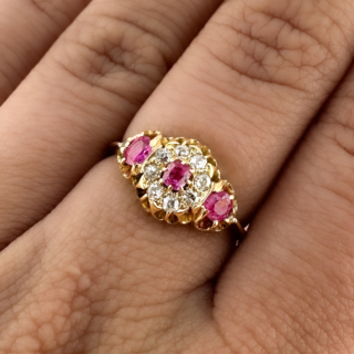 Edwardian Ruby & Diamond Cluster Ring 9ct gold on hand