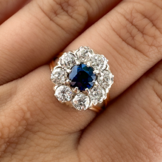 Victorian Ceylon Sapphire & Diamond Daisy Cluster on the hand