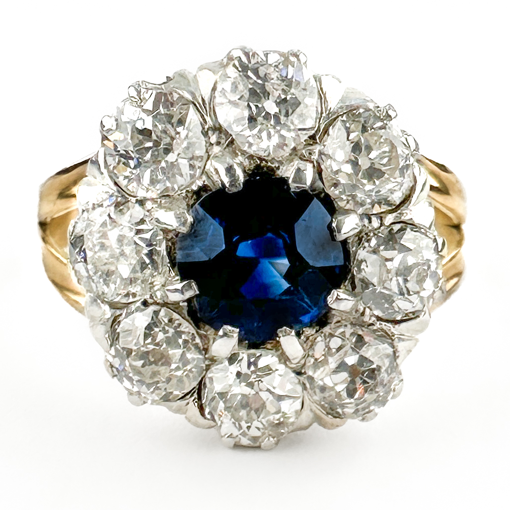 Victorian Ceylon Sapphire & Diamond Daisy Cluster view of front