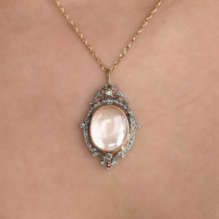 Victorian Rock Crystal & Multi-gem Locket Pendant gold and silver on the neck