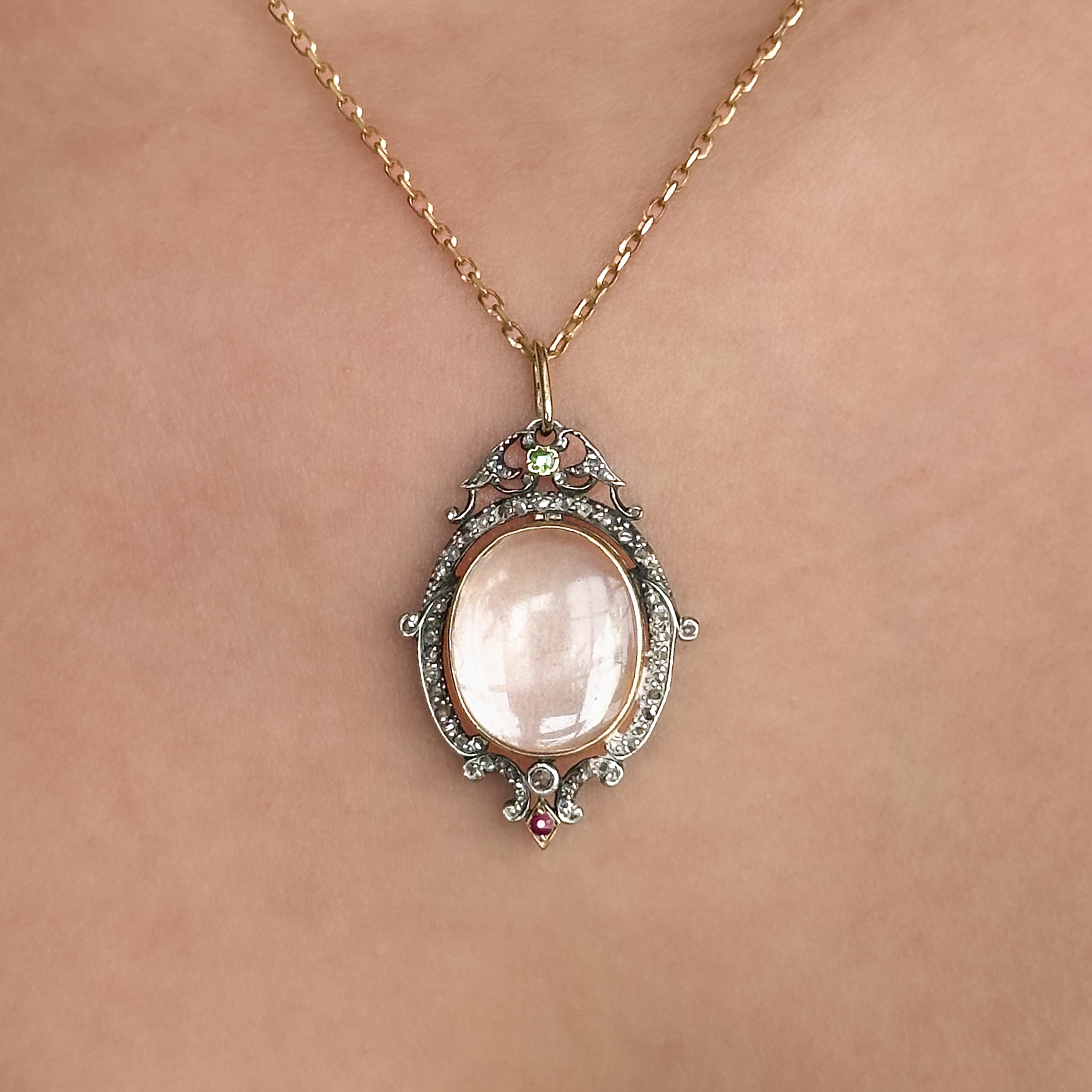 Victorian Rock Crystal & Multi-gem Locket Pendant gold and silver on the neck