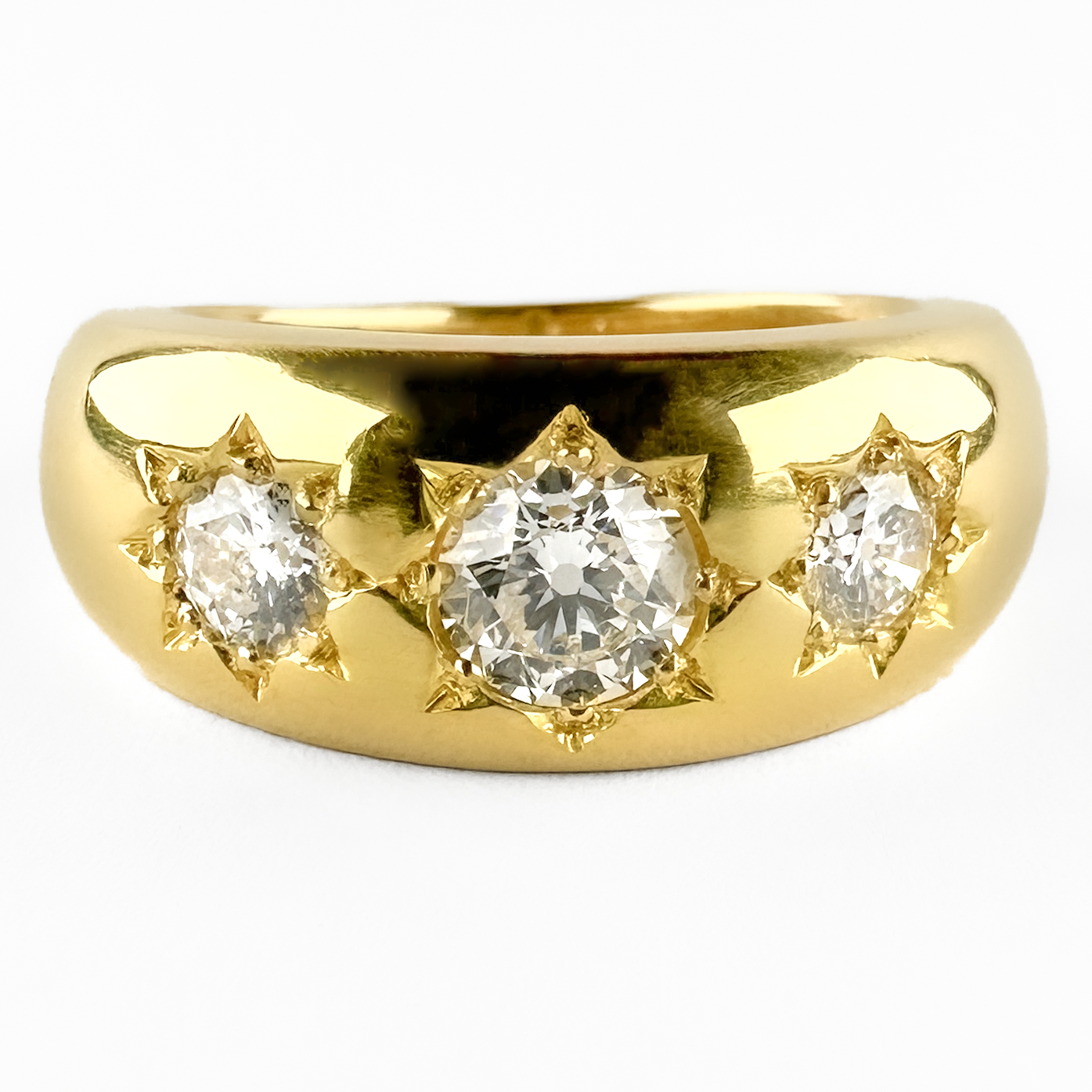 FrontView of 1.03ct Three Stone Diamond Gypsy Ring 18ct gold