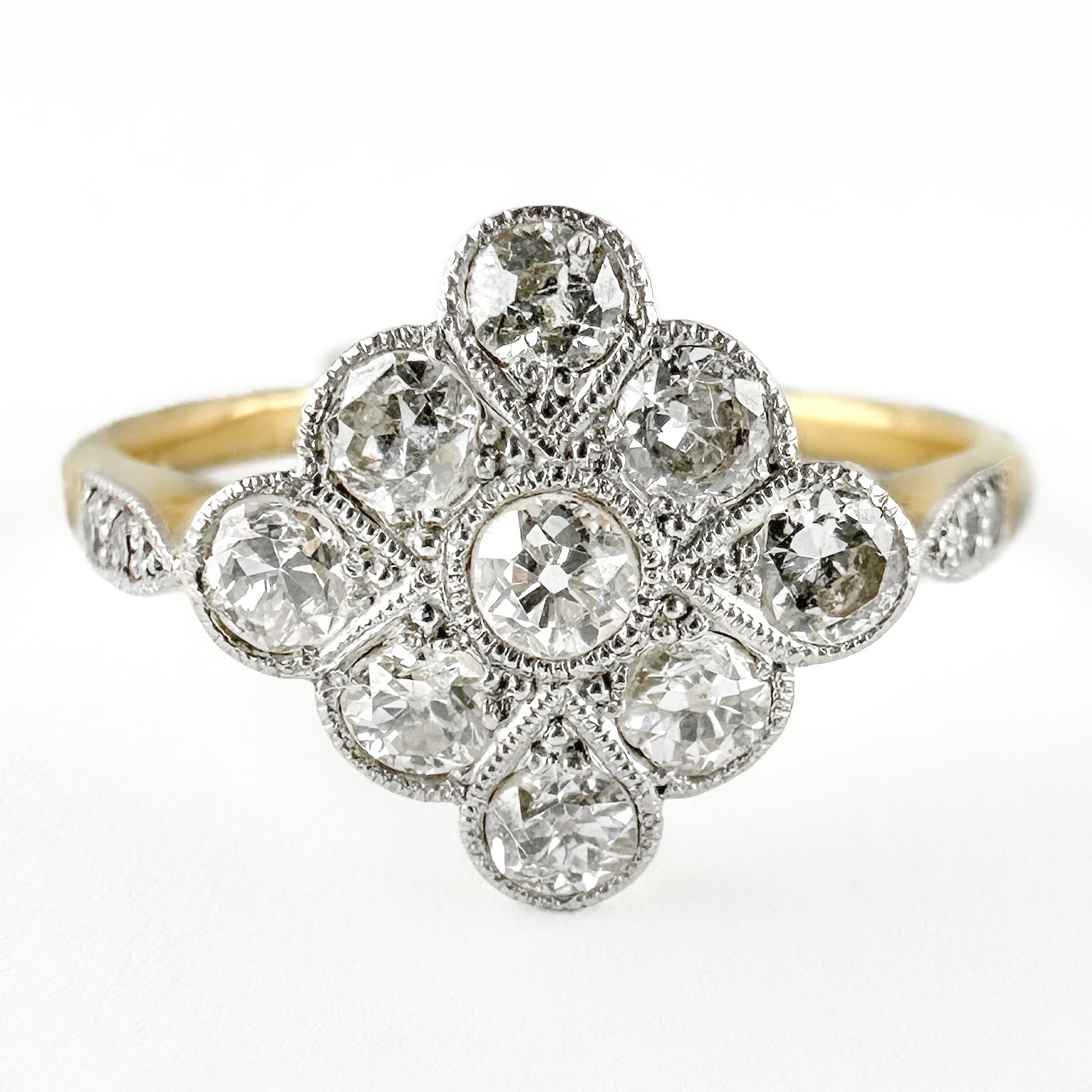 Front View Edwardian Diamond Cluster Ring 18ct Gold