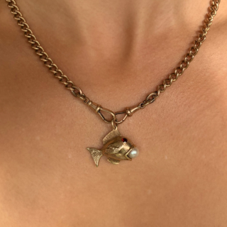 9ct Rose Gold Vintage Garnet and Pearl Open Mouth Fish Pendant Neck View