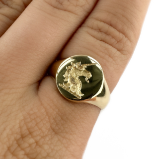 Vintage Unicorn Intaglio Signet Ring with Wax Seal Impression 9ct gold on hand
