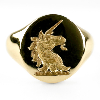 Vintage Unicorn Intaglio Signet Ring with Wax Seal Impression 9ct gold from front