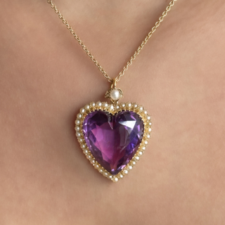 Victorian Amethyst & Seed Pearl Heart Pendant 15ct gold on neck