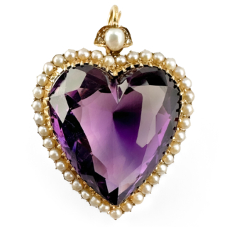 Victorian Amethyst & Seed Pearl Heart Pendant 15ct gold straight on view