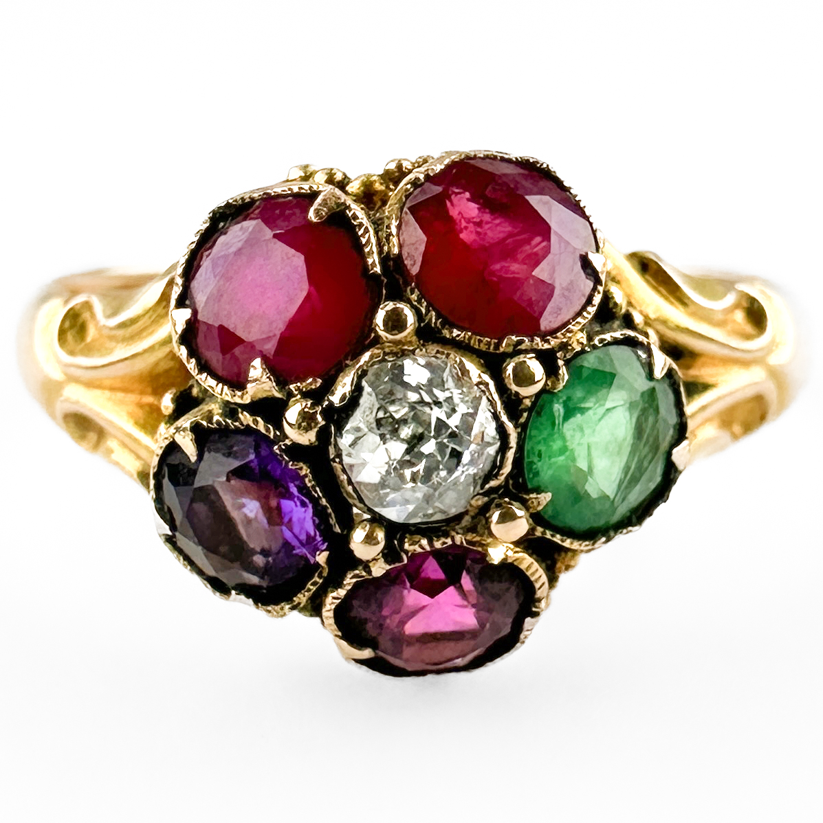front view of 1865 Regard Cluster Ring 15ct gold