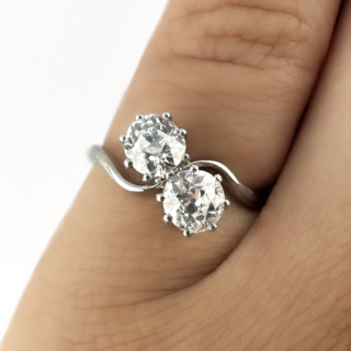 Edwardian 2 Stone Diamond Crossover Ring view on hand