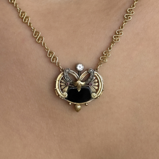 French Art Nouveau Multi-Gem Necklace 18ct gold on neck close up