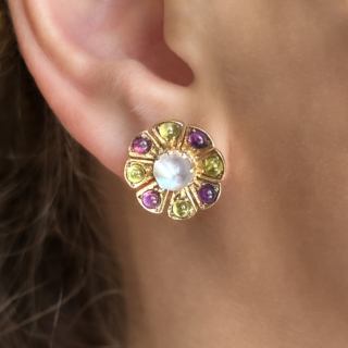 Suffragette Flower Cluster Stud Earrings 9ct gold view on ear