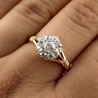 Victorian Diamond Daisy Cluster Ring 18ct gold on hand