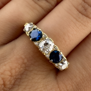Victorian Diamond & Sapphire 5 Stone Half Hoop Ring 18ct gold on hand